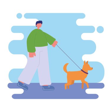 Adam köpek evcil hayvanıyla yürüyor.