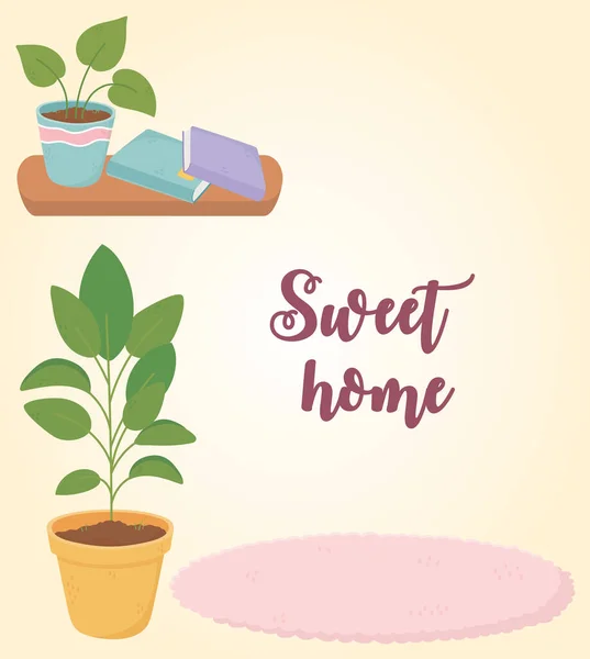 Sweet home wooden shelf potted plants books and carpet — Stock Vector