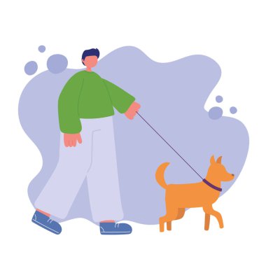 Genç adam tasmalı bir köpekle yürüyor.