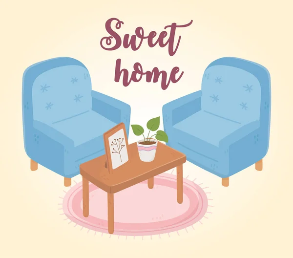 Sweet home armchairs table with plant and frame decoration — Stock Vector