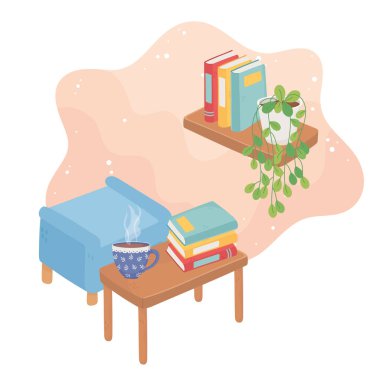 Güzel ev ayakları kitap yığını. Masa rafındaki kahve fincanı.