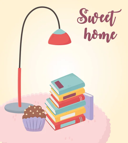 Sweet Home Stapel von Büchern Stehlampe Cupcake auf Teppich — Stockvektor