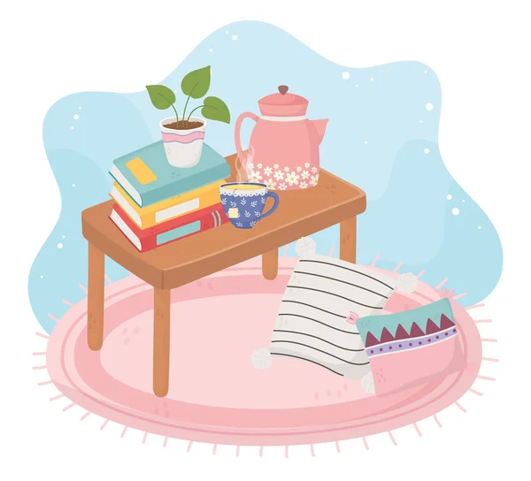 Söt hem bord med stapel av böcker krukväxter te kopp vattenkokare — Stock vektor