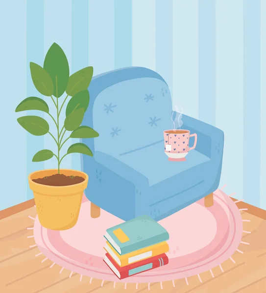 Fotoliu dulce acasă cu ceașcă de ceai și stivă de cărți plante ghiveci — Vector de stoc