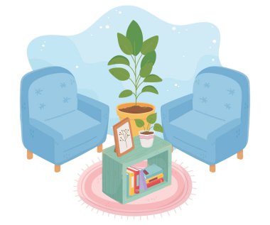 Güzel ev koltukları saksılar resim çerçeveleri kitaplar ve halı.
