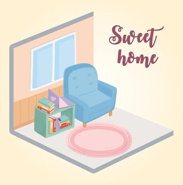 Sweet Home Sessel Teppich Fensterbücher im Möbelzimmer — Stockvektor
