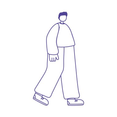 Genç adam yürüyen karakter karton izole ikon tasarımı