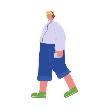 Akıllı telefon ve kulaklıkla yürüyen genç adam izole edilmiş simge tasarımı