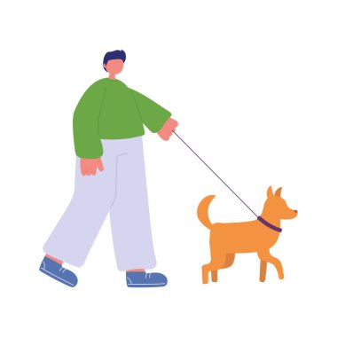 Genç adam çizgi film karakteri köpek gezdirme ikon tasarımı