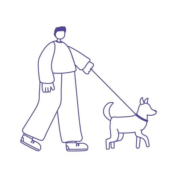 Молодой человек персонаж мультфильма с собакой ходьба изолированный иконка дизайн — стоковый вектор