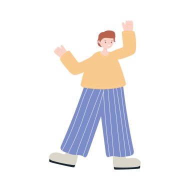Genç adam yürüyen karakter karton izole ikon tasarımı