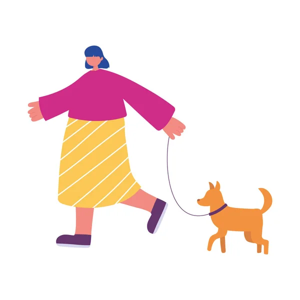 Emberek tevékenységek, fiatal nő séta kutya elszigetelt design — Stock Vector