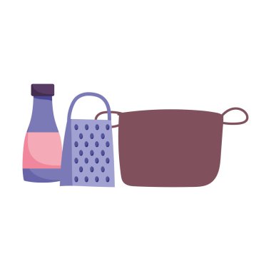 Tencere rendesi sosu şişesi ve mutfak aletleri pişiyor.