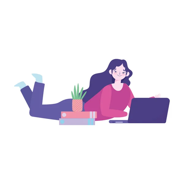 Trabalhando remotamente, jovem mulher no chão com laptop livros planta — Vetor de Stock