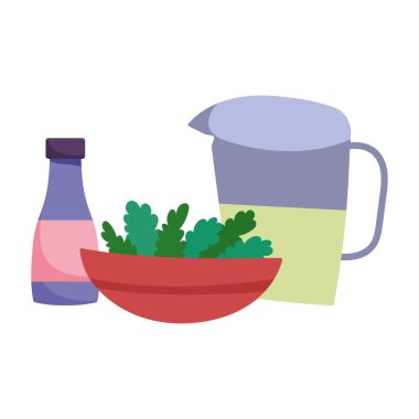 Meyve suyu kavanozu, sebze ve sos şişesi.