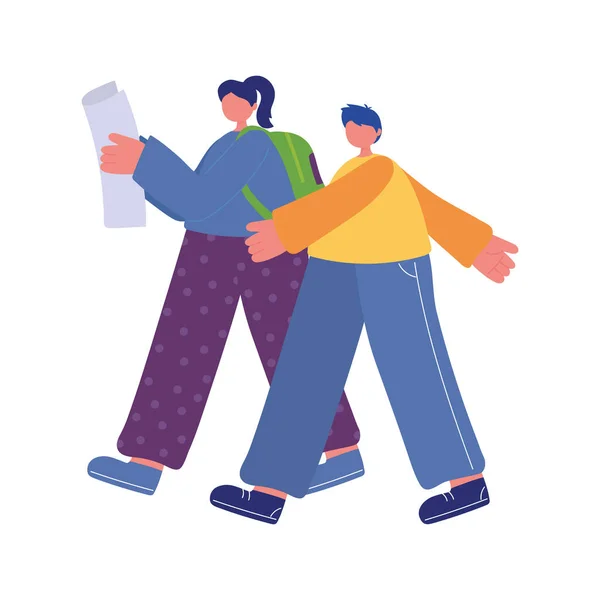 Adolescent avec carte et sac à dos et garçon marche — Image vectorielle