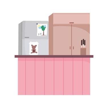 Mutfak içi buzdolabı mobilya tezgahı ve bıçaklar.