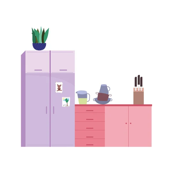 Kuchnia wnętrze naczynia lodówka szafy noże i projekt instalacji — Wektor stockowy