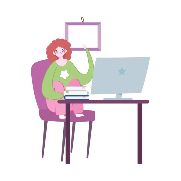 Εργασία εξ αποστάσεως, γυναίκα σε καρέκλα με βιβλία υπολογιστή γραφείου — Διανυσματικό Αρχείο