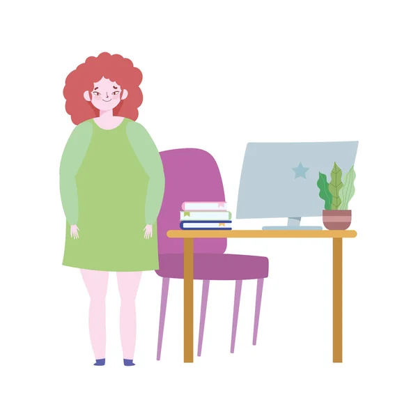 Trabajando a distancia, mujer de pie en la habitación con escritorio de computadora y silla — Archivo Imágenes Vectoriales