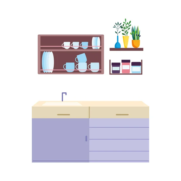 キッチン内装食器棚、カーペット、植物のデザイン — ストックベクタ