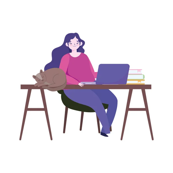 Εργαζόμενος εξ αποστάσεως, νεαρή γυναίκα με φορητό υπολογιστή και γάτα στο γραφείο εργασίας — Διανυσματικό Αρχείο