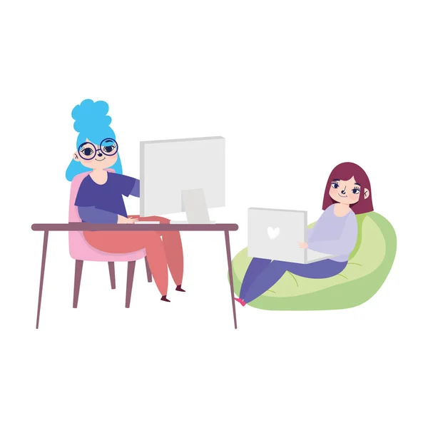 Praca zdalna, młode kobiety z laptopem na biurku domu pracy — Wektor stockowy