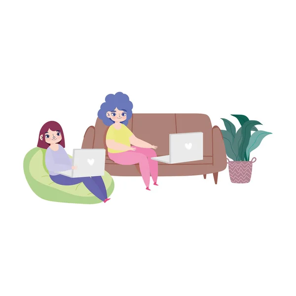 Travail à distance, les jeunes femmes assises sur un fauteuil roulant avec ordinateur portable dans la chambre — Image vectorielle