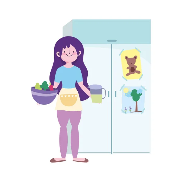 Persone che cucinano, ragazza con ciotola e barattolo di succo in cucina — Vettoriale Stock