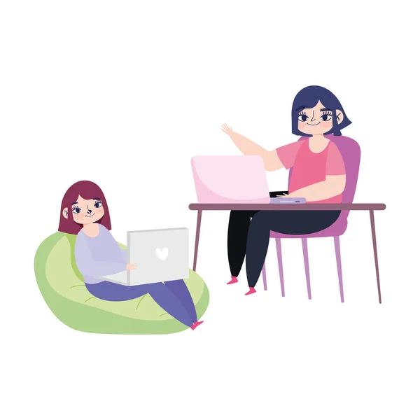 Trabalhando remotamente, mulheres jovens sentado mesa e piso com laptop — Vetor de Stock