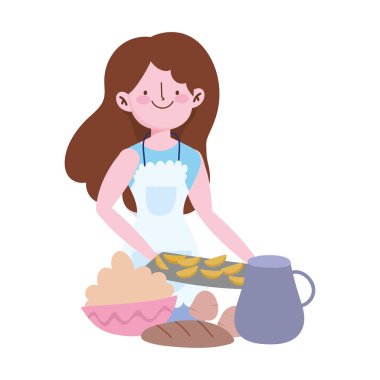 İnsanlar yemek yapıyor, kremalı kız masada yemek kavanozu pişiriyor.