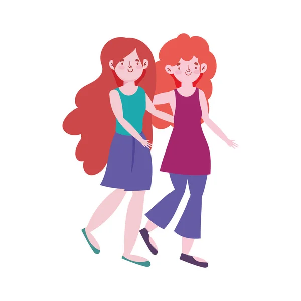 Mulheres personagem abraço andando desenho animado —  Vetores de Stock