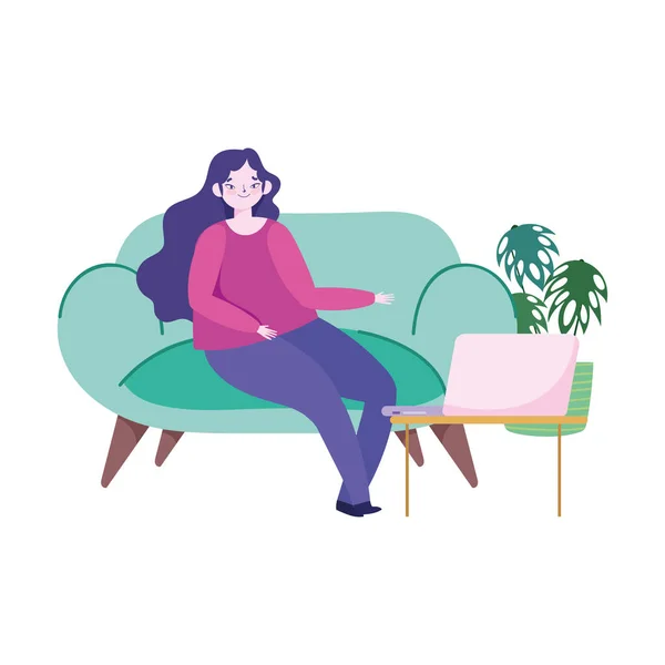 Travail à distance, jeune femme assise sur le canapé avec ordinateur portable plante — Image vectorielle