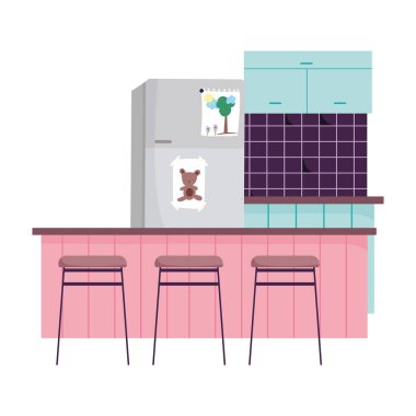 Mutfak içi buzdolabı tezgahı ve sandalye tasarımı