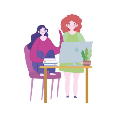 Uzaktan çalışan, elinde bilgisayar kitapları olan kadınlar.