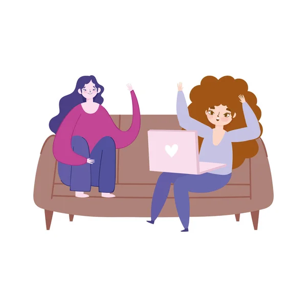 stock vector working remotely, young women with laptop sitting on sofa furniture