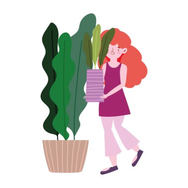Genç kız elinde saksı bitkisi dekorasyonu izole tasarım ikonu tutuyor.