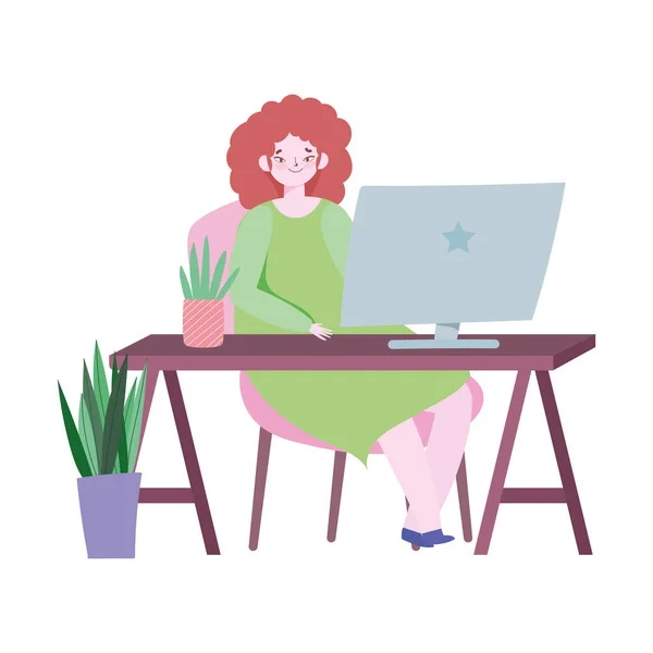 Trabajando a distancia, mujer joven en el escritorio con el ordenador portátil con la decoración de plantas — Vector de stock