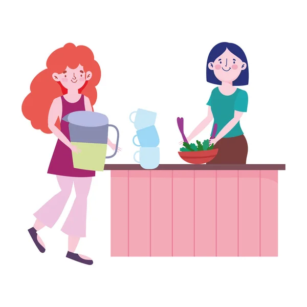 Люди приготовление пищи, женщина и девушка с соком баночки овощи в миске прилавок кухня — стоковый вектор