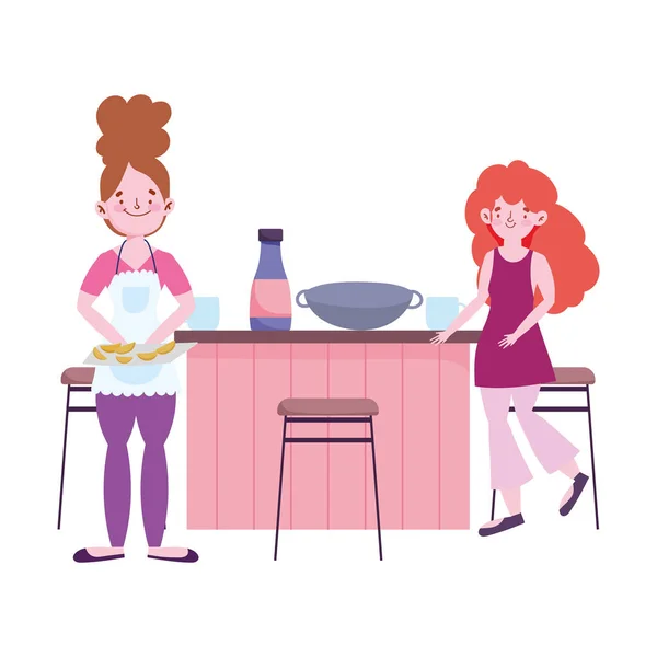Menschen kochen, Mädchen mit Backpfanne und Saucenflasche — Stockvektor