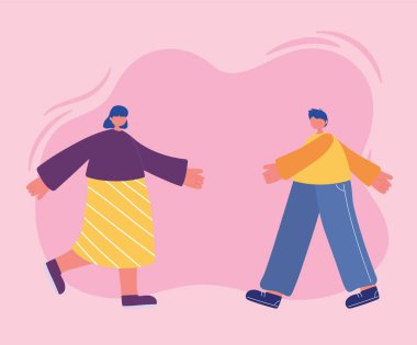 Genç kadın ve erkek karakterler yan görünüm