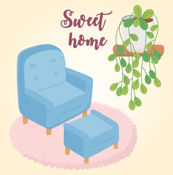 Sweet Home Sessel Fußstütze Topfpflanze im Regal — Stockvektor