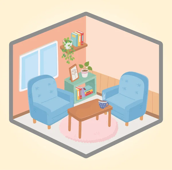 香甜的家用扶手椅桌子咖啡杯书架橱窗盆栽 — 图库矢量图片