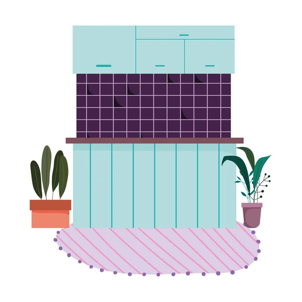 Konyha belső bútorok fiókok csempe fali szőnyeg és cserepes növények design — Stock Vector