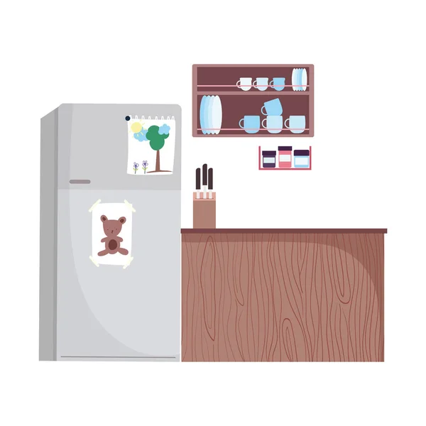 Кухонная полка с ножами для посуды и дизайном холодильника — стоковый вектор