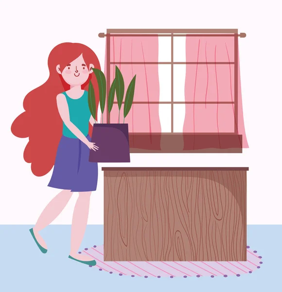 Κορίτσι εκμετάλλευση γλάστρα κηπουρική στο σπίτι κινουμένων σχεδίων — Διανυσματικό Αρχείο