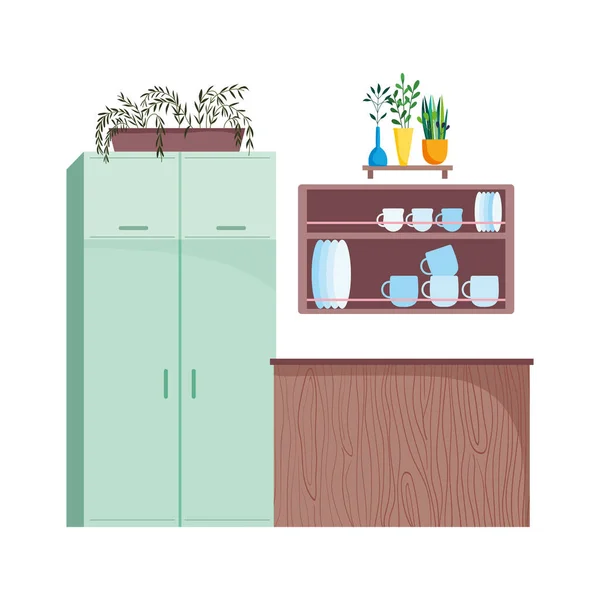 Kuchnia wyposażenie wnętrz zastawy stołowe w półce i roślin dekoracji design — Wektor stockowy