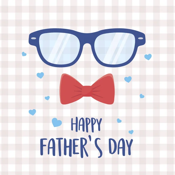 Feliz dia dos pais, óculos e arco amarrar corações amor xadrez fundo —  Vetores de Stock