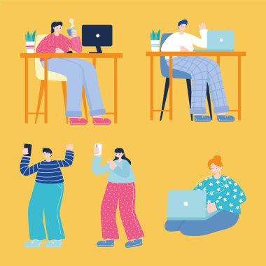 Akıllı telefon bilgisayar teknolojisi kullanan genç erkek ve kadınlar