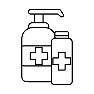 covid 19 coronavirus önleme tıbbi dezenfektan sıvı jel alkol şişeleri çizgisi tarzı simge